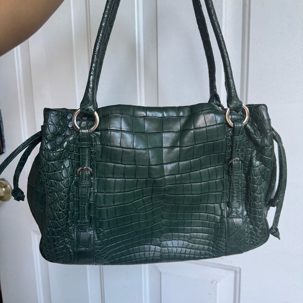 Suarez New York Women's Green Embossed Crocodile Exotic Leather Double Straps